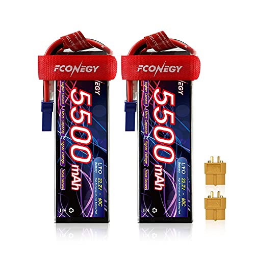 FCONEGY 6S 22.2V 60C 5500mAh RC Lipo Battery with EC5 Connector for RC Car Truck Truggy Boat 1 8 1 10 RC Vehicles (2 Pack) (22.2V 5500mAh)