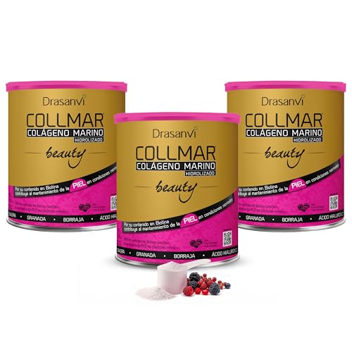 Drasanvi Colágeno Marino Hidrolizado Beauty 3 x 275 g | Ácido Hialurónico + Biotina + Vitamina C Natural | Elasticidad, Firmeza y Luminosidad de la Piel | Pack 3 uds | Sabor Frutos del Bosque