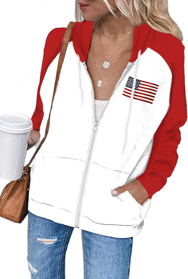 Dressmine Red White and Blue Sweatshirt for Women Zip Up Jacket with Pockets Drawstring July Of 4Th Outfit American Flag Top White M