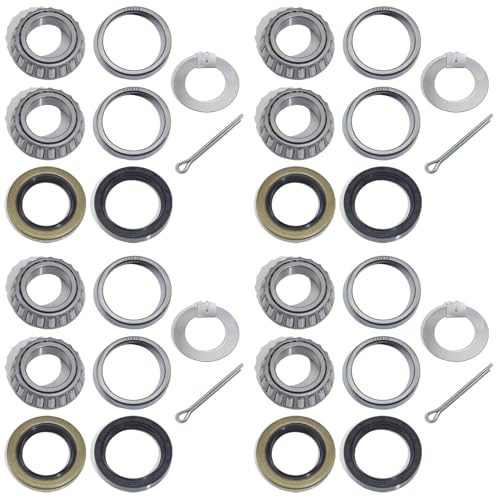 GREPSPUD 4 Sets for 1 Axle Trailer Hub Bearings Kits L44643 / L44610 Bearings Set with D-style Spindle Tang Washers 12192TB 15192TB Grease Seals Cotter Pins for 2000-2200 lbs BT8 Straight Spindle