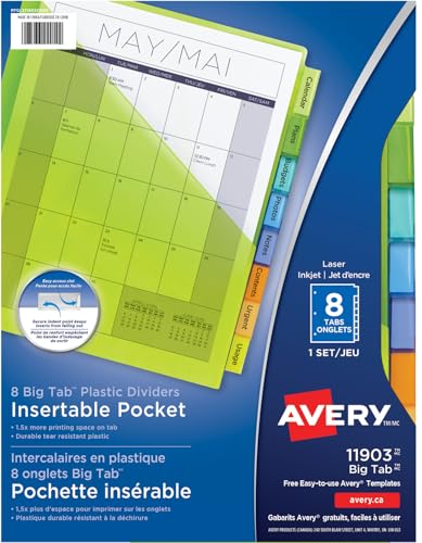 AVERY Big Tab Pocket Insertable Plastic Dividers for Laser and Inkjet Printers, 9-1/4" x 11-1/8", 8 tabs, Multi-Colour, 1 Set, (11903) image 7