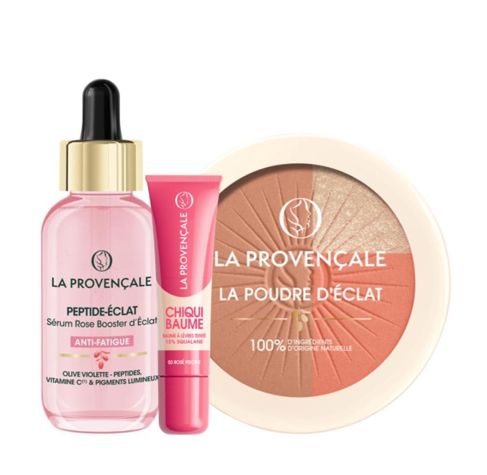 La Provençale - Trio Anti-Fatigue : Sérum Peptide-Éclat, Poudre de Soleil 3-en-1 & Chiqui Baume à Lèvres - Routine Éclat Visage & Lèvres - Enrichi en Olive & Peptides - 30ml, 8g & 10ml