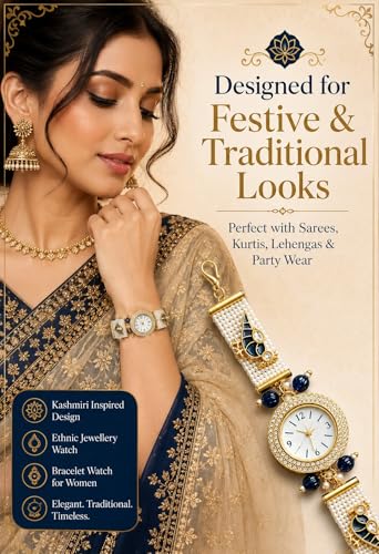 Image of Kashmiri Bracelet Watch for Women Stylish | Pearl Strap Jewellery Watch with Blue Bird Design | Ethnic Wrist Watch for Girls | Wedding, Festive & Gift