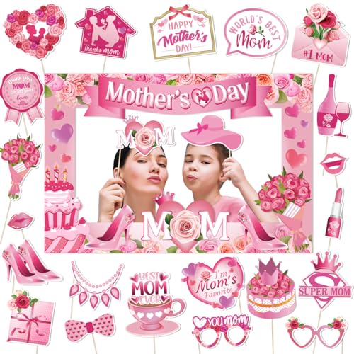 Mothers Day Decorations 23pcs Mothers Day Photo Booth Props and Pink Photo Frame Happy Mothers Day Selfie Props with Sticks for Mother Day Party Supplies