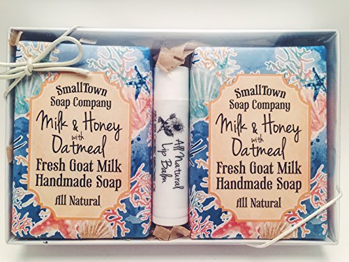 All Natural Milk & Honey w/Oatmeal Fresh Goat Milk Soap with All Natural French Vanilla Lip Balm Beautifully Packaged Gift Set-Deep Blue Sea