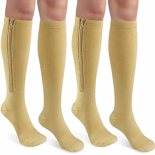 Image of CASMON 2 Pairs Zipper Compression Socks for Women & Men,15-20 mmHg Closed Toe Knee High Support Sock for Varicose Vein Edema