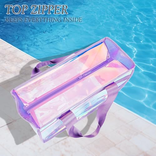 Image of Fammart Iridescent Clear Beach Bags Waterproof Sandproof for Women, Large Jelly Tote Zipper Pool Bag Cruise Essentials 2026