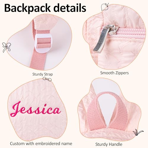 Personalized Small Daycare Backpack Cute Pink Seersucker Preppy Backpack with Bowknot Custom Embroiderey Daypack with Name for Overnight Weekender Travel(Pink Small Bowknot)4