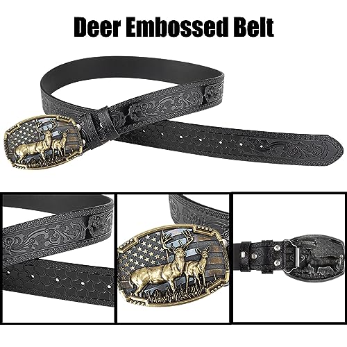 Western Belts for Men Cowboy Leather Belt Bronze Animal Deer Embossed Pattern Buckle Vintage Belt,Black,100CM/39.4''3