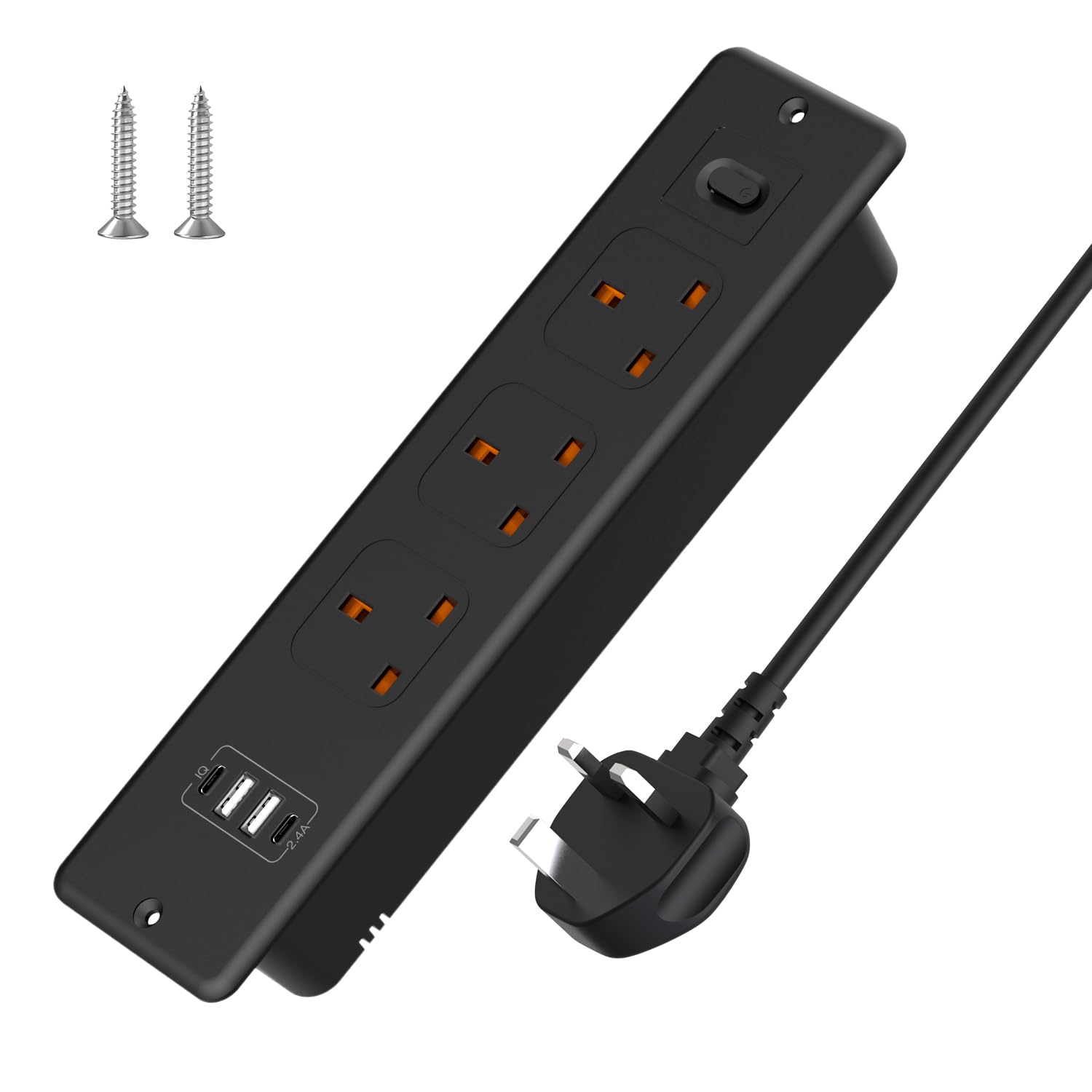HITRENDS Recessed Power Strip with USB, Recessed Power Socket with 3 Outlets 2 USB A 2 USB-C Ports, 1.8M Extension Lead with Switch, Hidden in the Furniture Desk Table, Black