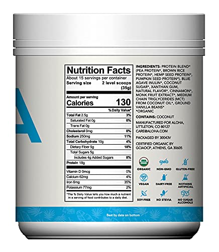 Image of ALOHA Organic Plant Based Protein Powder, Stevia Free, Vanilla, 19.6 oz, 15 Servings PACKAGING MAY VARY