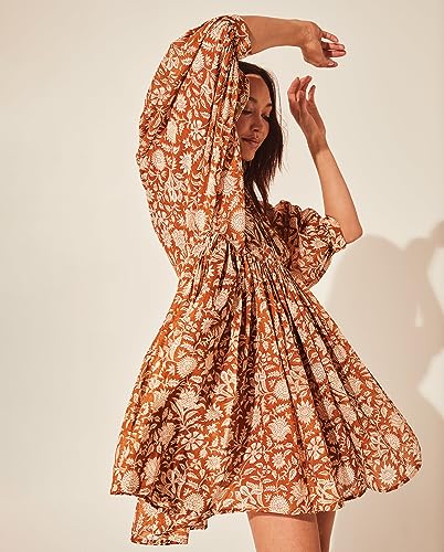 Image of Boho Dresses for Women Floral V Neck Puff SLVS Babydoll Short Beach Dress