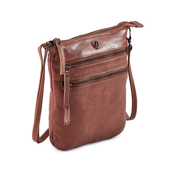 Cochoa Small Women Real Leather Crossbody Triple Zip Vintage Sling Handbag Purse Travel Crossover Shoulder Bag Handmade (Cognac Washed Vintage)