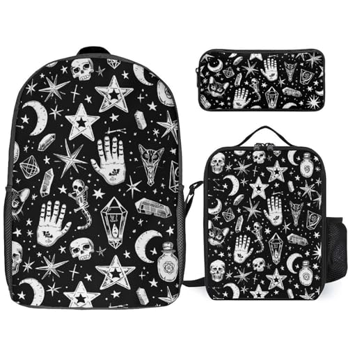 3 Piece Backpack for Women Men Lightweight Causal Daypack Shoulder Bag Set with Insulated Lunch Bag And Pencil Case Organizers Mysterious Symbol Graphics