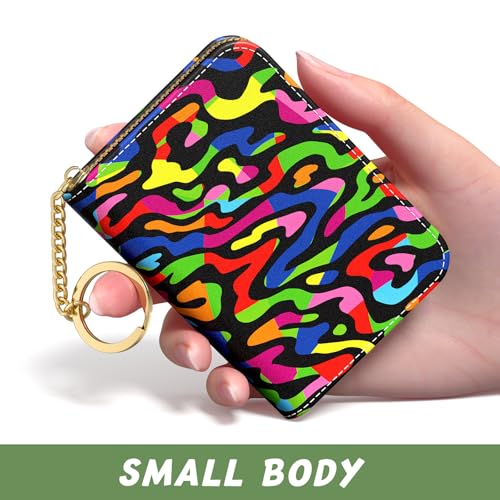 Image of Aiawoxc Credit Card Holder, Small RFID Wallet Slim Leather Card Organizer Case with Zipper and Keychain, Abstract Rainbow Art
