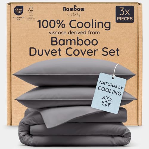 Image of Bambaw 100% Viscose Derived from Bamboo Duvet Cover Queen Size - 3 Pieces Cooling Duvet Cover Queen Set, Soft Duvet Cover Queen Size Set, Luxury Bedding Set, No Comforter (Dark Gray)