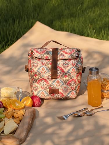Image of ZOUK Mughal Art Multicolor Motif Printed Multicolor Insulated Roll up Lunch Bag,Cotton,7 Litres,Cotton