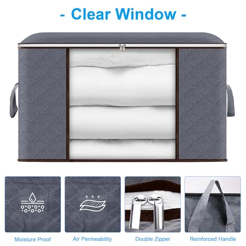 Zikenis 6 Stück 90L Aufbewahrungstasche,Aufbewahrungsbox mit Deckel,Faltbare Kleideraufbewahrung Umzugskartons mit Verstärkt Griff, Kleiderschrank Organizer,für Kleidung Bettdecken und Bettwäsche,Grau
