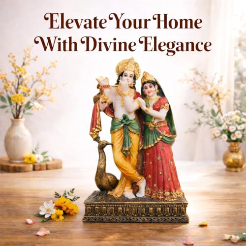 Image of ARMONIA Radha Krishna Murti 11 Inch | Premium Marble Dust Radha Krishna Idol with Peacock for Mandir, Home Decor & Office Desk | Radhakrishna Statue Spiritual Gift for Diwali, Wedding & Housewarming