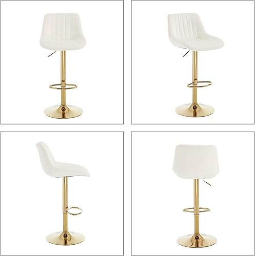 Miniatura 5 de Juego de 3 taburetes de bar ajustables de terciopelo, modernos taburetes giratorios con respaldo, base de metal dorado y reposapiés, sillas de bar
