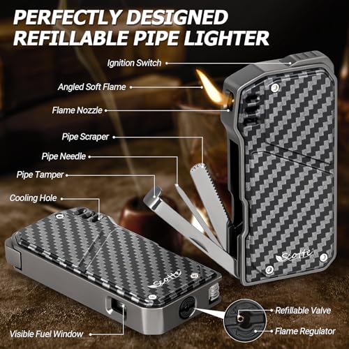 Scotte Handmade Pipe and Pipe Lighter Set, Wood Pipe and Various Pipe Accessories, Soft Flame Refillable Butane Lighter with 3 Foldable Pipe Cleaners Tools, Great Gift for Men - Image 3