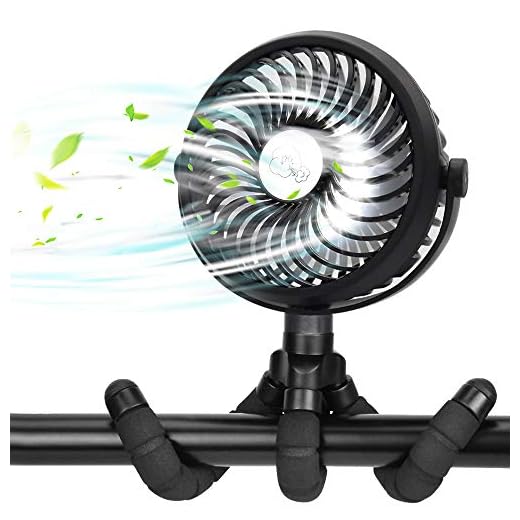 Portable Battery Powered Stroller Fan,Mini Handheld Personal USB Fan,Car Seat Baby Fan with Flexible Tripod,360° Rotatable Ultra Quiet Desk Fan with LED Light for Stroller/Bike/Camping/BBQ/Gym