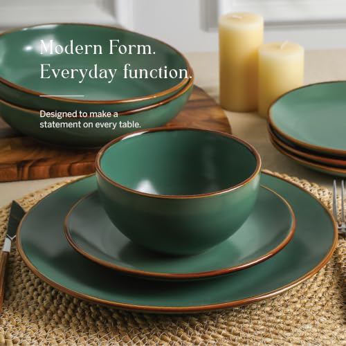 Image of Stone Lain Brasa Stoneware 32 Piece Modern Dinnerware Sets, Plates and Bowls, Service for 8, Green, Microwave & Dishwasher Safe