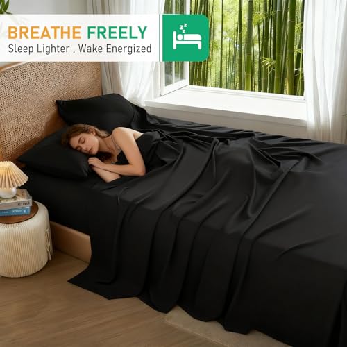 Image of 100% Viscose Derived from Bamboo Sheets Queen Size, Soft & Cooling Viscose from Bamboo Sheets Set, Organically Grown,Breathable & Soft Deep Pocket Up to 18 Inches(Black)