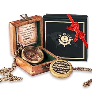 Brass Compass with Wooden Box – Graduation Gifts, Pirate Accessories & Baptism Gift for Boys, Steampunk Travel Decor Compasses for Missionary, Inspirational and Sentimental Compass