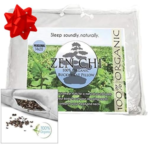 ZEN CHI Buckwheat Pillow - Organic Standard Size (14x20) w Natural Cooling Technology - All Cotton Cover - Personal Comfy Pillow Has Natural Cooling Effect, Adjusts to Head & Neck - Unique Xmas Gift