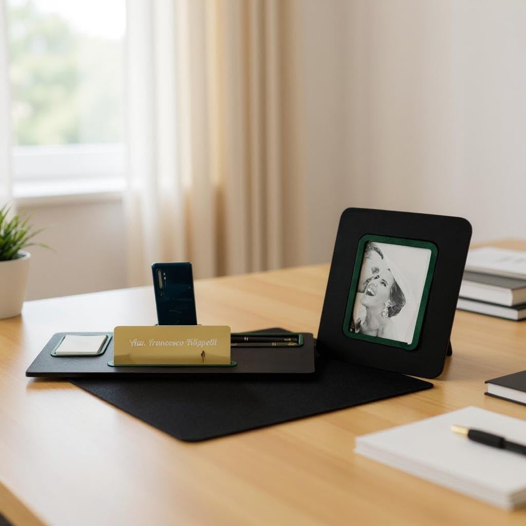 Juego de escritorio de ecopiel sintética negra, 5 en 1 organizador con soporte para smartphone, porta bolígrafos, tarjetero, porta tarjetas, caballero personalizado + portafotos para