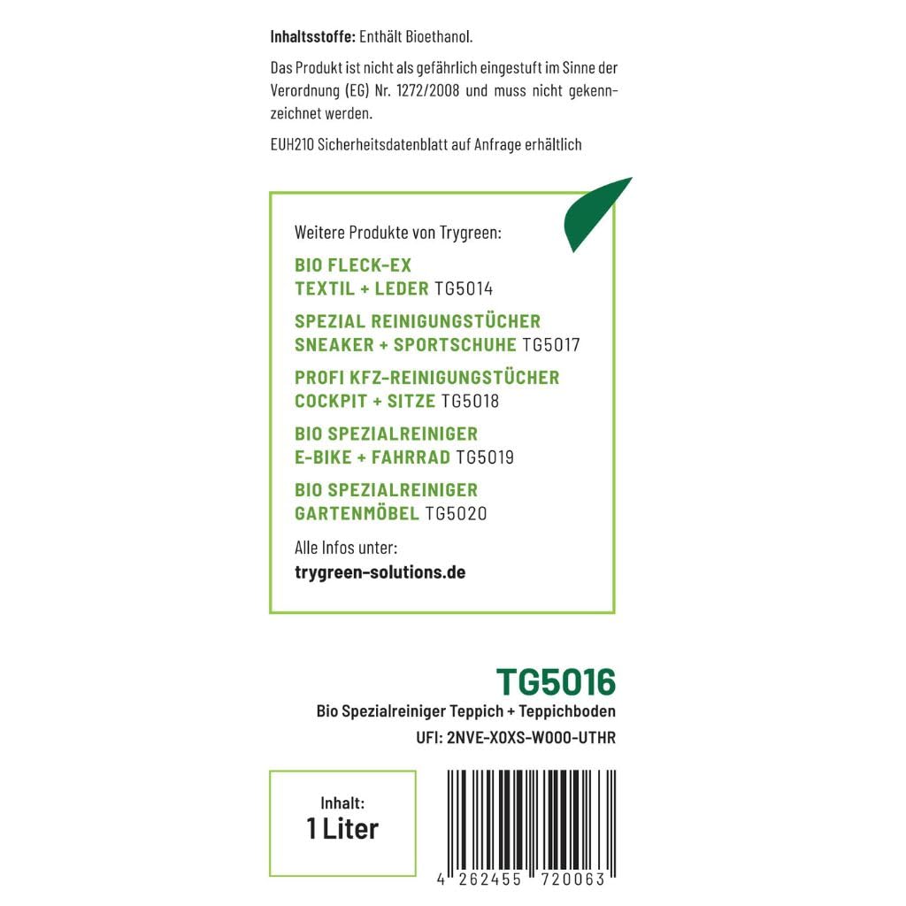 Teppichreiniger & Fleckenentferner Bio Spezialreiniger Teppich + Teppichboden - 98% pflanzenbasiert, ungefährlich für Mensch & Tier, Geruchsentferner (Flasche)