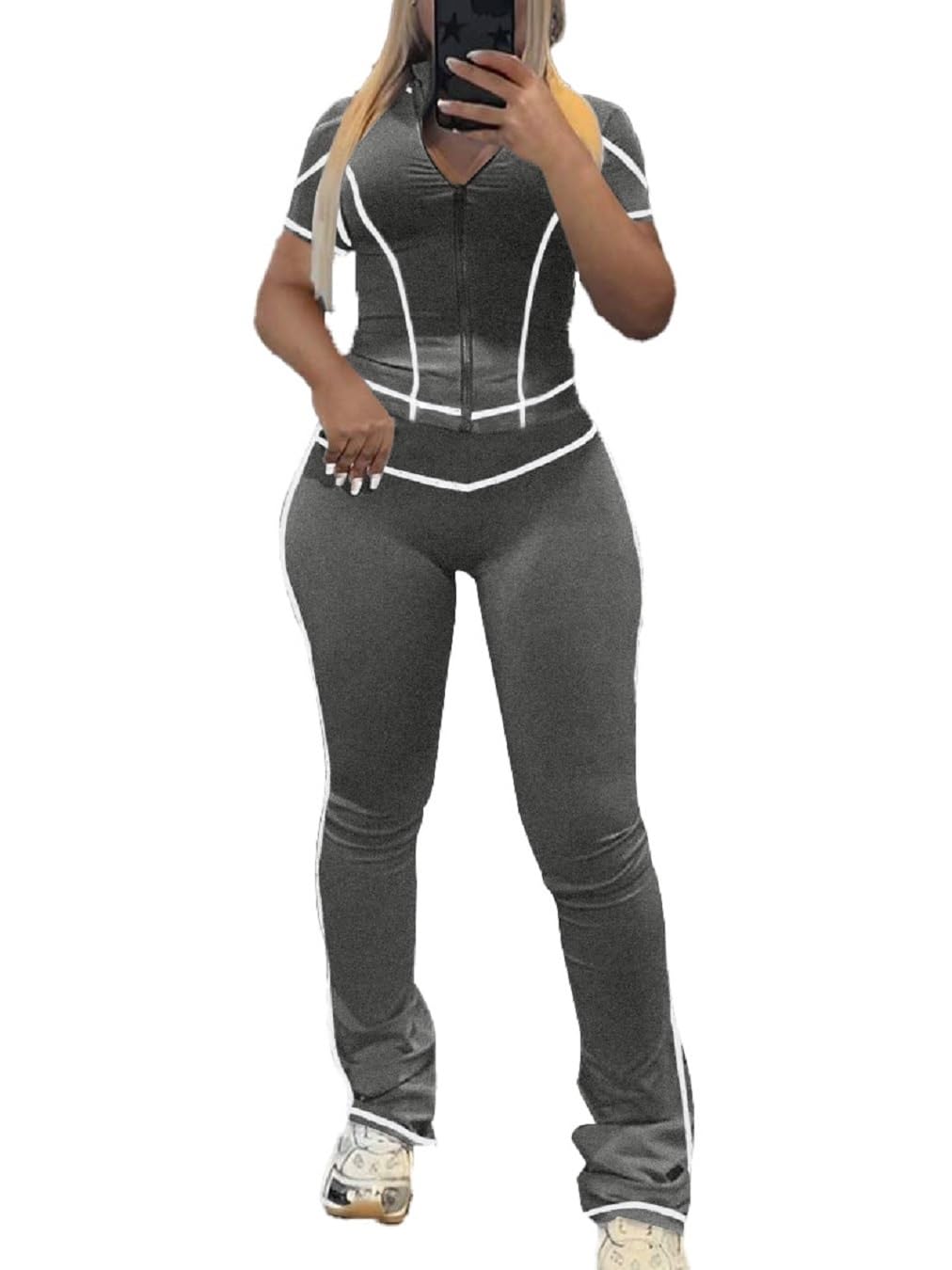Ulovmi Womens 2 Piece Outfits Zipper Workout Set Short Sleeve Tracksuit Bodcyon Matching Sweat Pants Sets