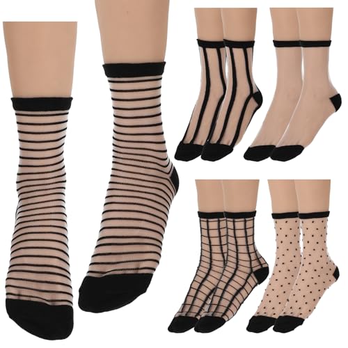5 Pairs Sheer Socks, Black Mesh Ankle Socks, Ultra-Thin See Through Socks, Checkered Dot Striped Plaid Ankle, Thin Fishnet See Through Socks, Summer Casual Crew Socks4
