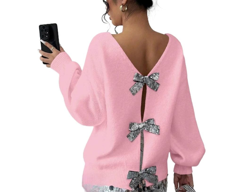 Melliflo Womens Glitter Sequin Bow Sweater Drop Shoulder Fall Pullovers Sweater Tops Cute Bow Tie Knit Sweaters Top
