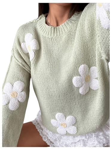 SHENHE Women's Flower Sweater Crewneck Long Sleeve Drop Shoulder Knit Sweaters Pullover Tops4