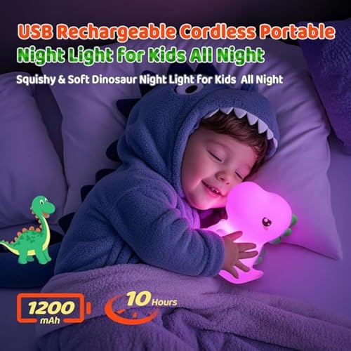 Image of One94Store Rechargeable Silicone Dinosaur Night Light | Cute LED Kids Night Lamp for Bedroom & Nursery | Soft Warm Glow, Touch Control | USB Rechargeable Table Night Light
