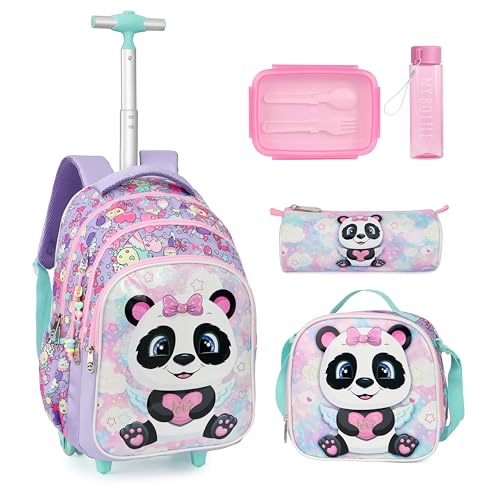 kingdisen Mochila com rodinhas de desenho animado para meninos e meninas, 5 peças, mochila de viagem para estudantes do ensino fundamental, Panda roxo, Medium, Casual