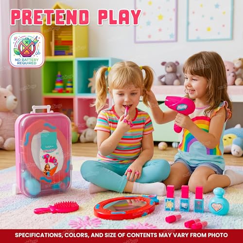 Image of Zest 4 Toyz Kids Makeup Kit for Girls Cosmetic Beauty Set Suitcase Portable Trolley Pretend Play Toy with Makeup Accessories for Kids (Pink) 15 Pieces
