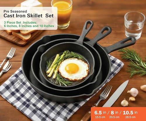 Image of Cast Iron Non-Stick Skillets, 3 Packs, 6 Inch, 8 Inch, 10 Inch, Black