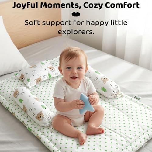 Image of NWF Premium Cotton Baby Bedding Set with Soft Mattress, Pillow & 2 Side Bolsters | Breathable & Comfortable for Infants & Toddlers (0-24 Months) | Unisex Animal Green Print | 26x40 Inches