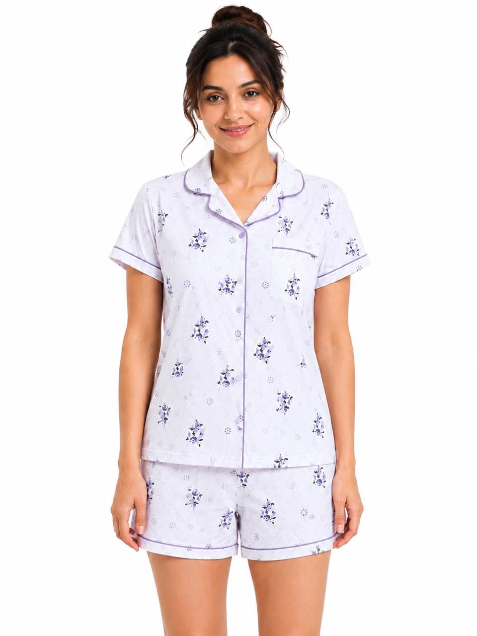 Women's and Girls Printed Nightwear Shorts Set, Button-Down Top with Two Pockets, Elastic Waist with Drawstring, Soft and Breathable Fabric-picture-39