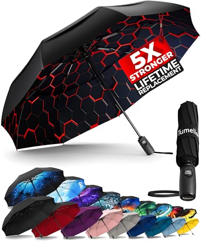 TUMELLA Strongest Windproof Travel Umbrella (Compact, Superior & Beautiful), Small Strong but Light Portable and Automatic Folding Rain Umbrella, Durable Premium Grip, Fits Car & Backpack Honeycomb