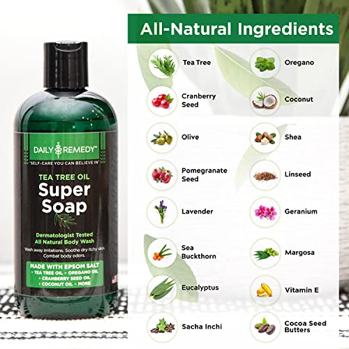 DAILY REMEDY Tea Tree Oil Super Soap, Wash Away Body Odor, Jock Itch, Ringworm, Athlete’s Foot & Skin Irritations - Shower Gel for Women/Men, All Natural Skin Cleanser 12 Oz