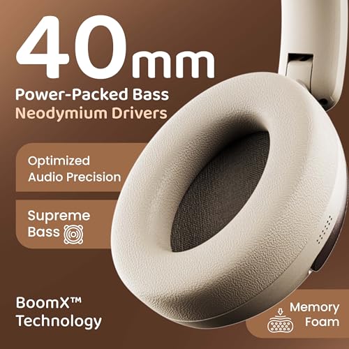 Image of GOBOULT Soniq Over Ear Bluetooth Headphones with 70H Playtime, 40mm Bass Drivers, Zen ENC Mic, Type-C Fast Charging, Dual Pairing, AUX, Wireless Headphones (White)