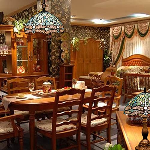 Werfactory Tiffany Lamp Sea Blue Stained Glass Table Lamp 12X12X18 Inches Dragonfly Style Desk Reading Light Decor Beside Bedroom Living Room Home Office S147 Series #TOP2
