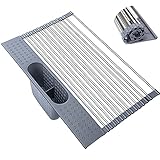 Roll up Dish Drying Rack, Dish Dry Rack with Utensil Holder Over The Sink, Multipurpose Foldable 304 Stainless Steel Dish Drainer for Kitchen Sink Counter 17.5x13 Inch (Detachable Drying Basket)