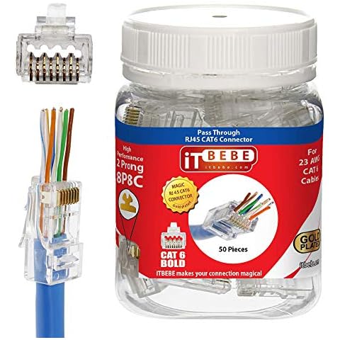 ITBEBE 50 Pieces - Gold Plated End Pass Through RJ45 Cat6, Cat6a Bold Connector for 23 AWG Cables Cover