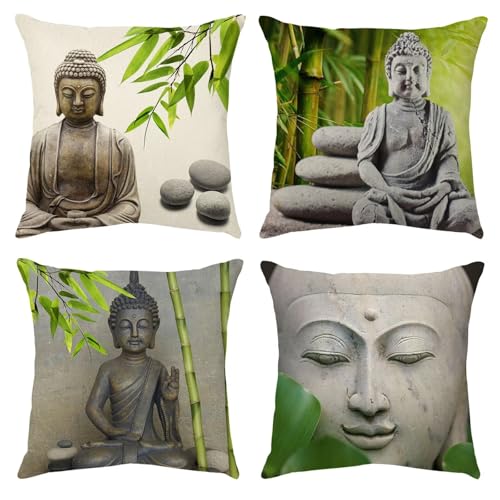 Kissenbezüge 65 x 65 cm 4er Set Outdoor Kissen Zen Sofakissen Dekokissen Kopfkissen Wasserfest Leinen Zierkissen Quadratische Kissenhülle für Gartenmöbel Sofa Bett Auto Terrasse Schlafzimmer B-1333