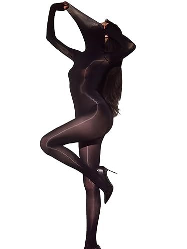 RUIBAVYA Body Stockings for Women Sexy Full Body Tights Oil Shiny Bodystocking High Neck Nylon Catsuit Shimmer Bodysuit